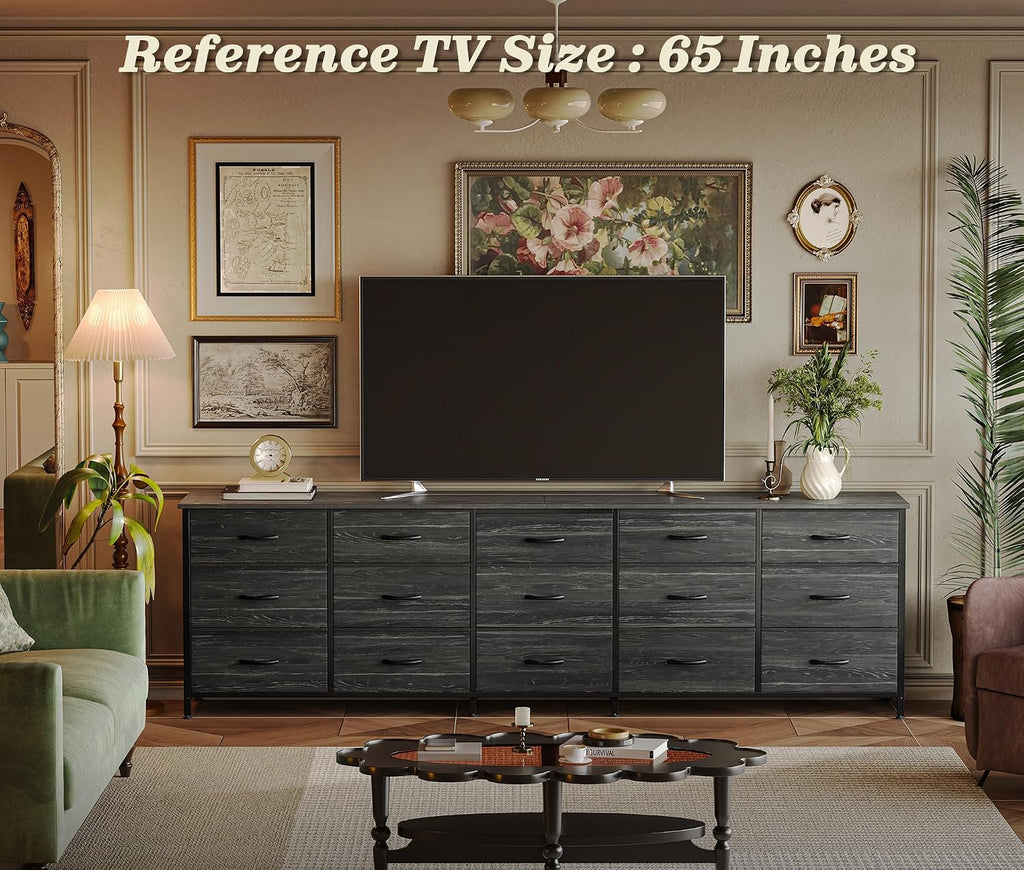 Huuger 78.7 inch Long Dresser for Bedroom, 15 Drawer Fabric Dresser for Closet, Large TV Stand for 65, 75, 85 inch TV, Wide Chest of Drawer with Storage, 78.7' W x 12.9' D x 26.7' H, Charcoal Black