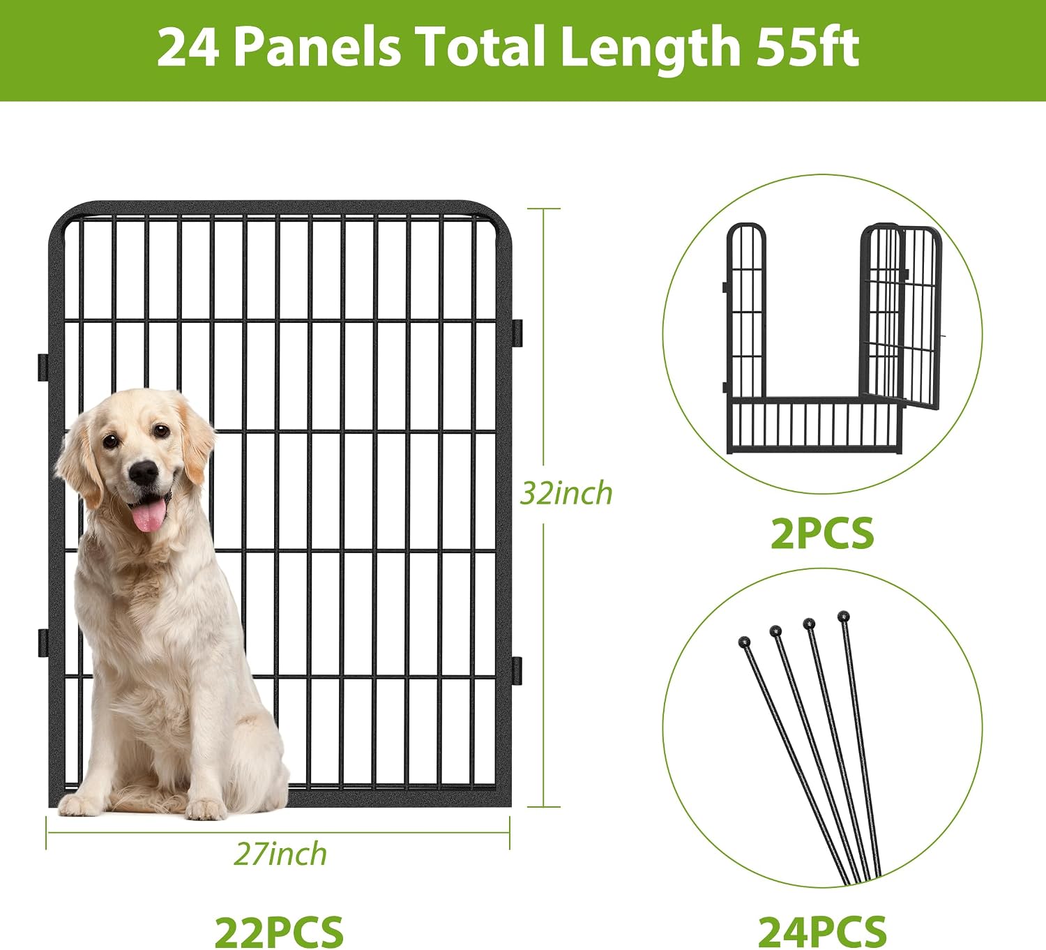 Decorative No Dig Fence Panels Metal Garden Fence with Gate, 55ft(L) x 32in(H) Garden Fencing for Dogs Rabbits, Temporary Fencing for Garden, Patio, Yard, 24 Panels