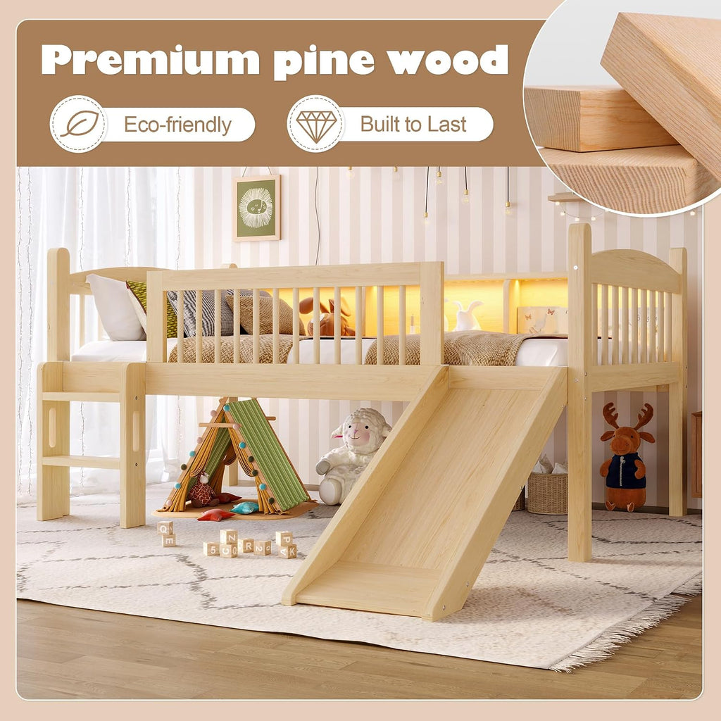 JIVOIT Twin Loft Bed with Storage Shelves, Solid Wood Lower Loft Bed with Full-Length Guardrails, Wood Slats Support, Space-Saving Design, No Box Spring Needed (Natural,Twin,51)