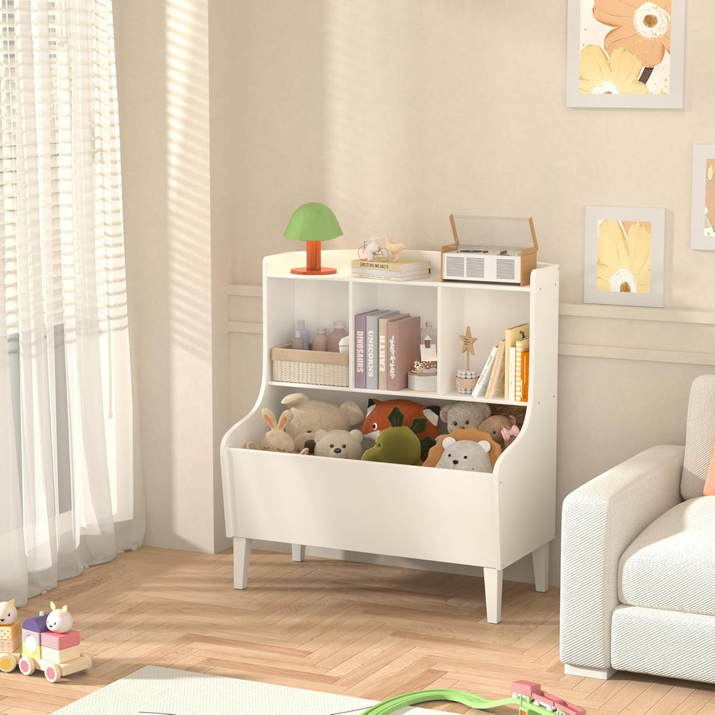 Kids Bookshelf and Toy Storage Organizer，Bamboo Bookcase，Fit for Children's Room, Playroom, Bedroom,Hallway, Kindergarten (White)