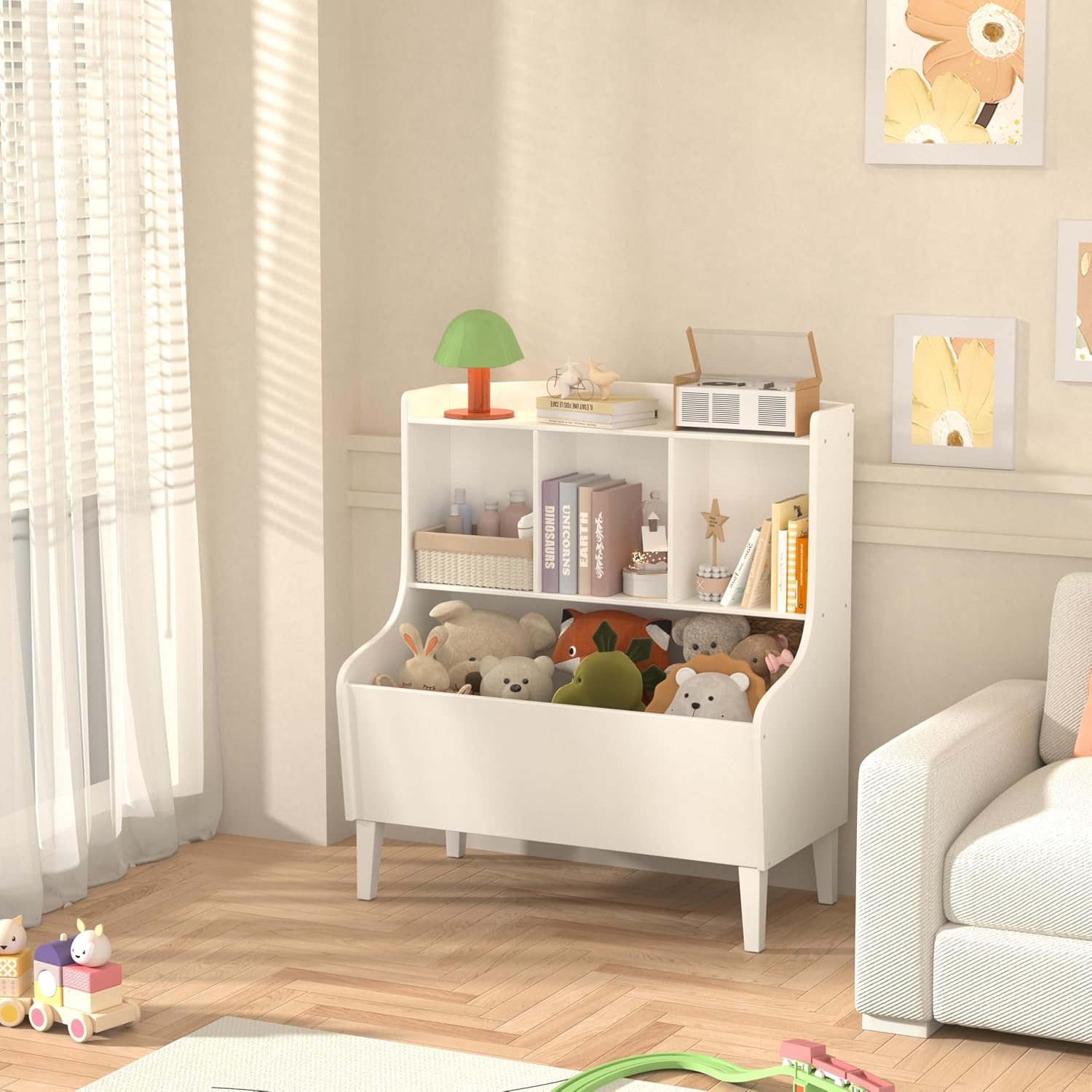 Kids Bookshelf and Toy Storage Organizer，Bamboo Bookcase，Fit for Children's Room, Playroom, Bedroom,Hallway, Kindergarten (White)