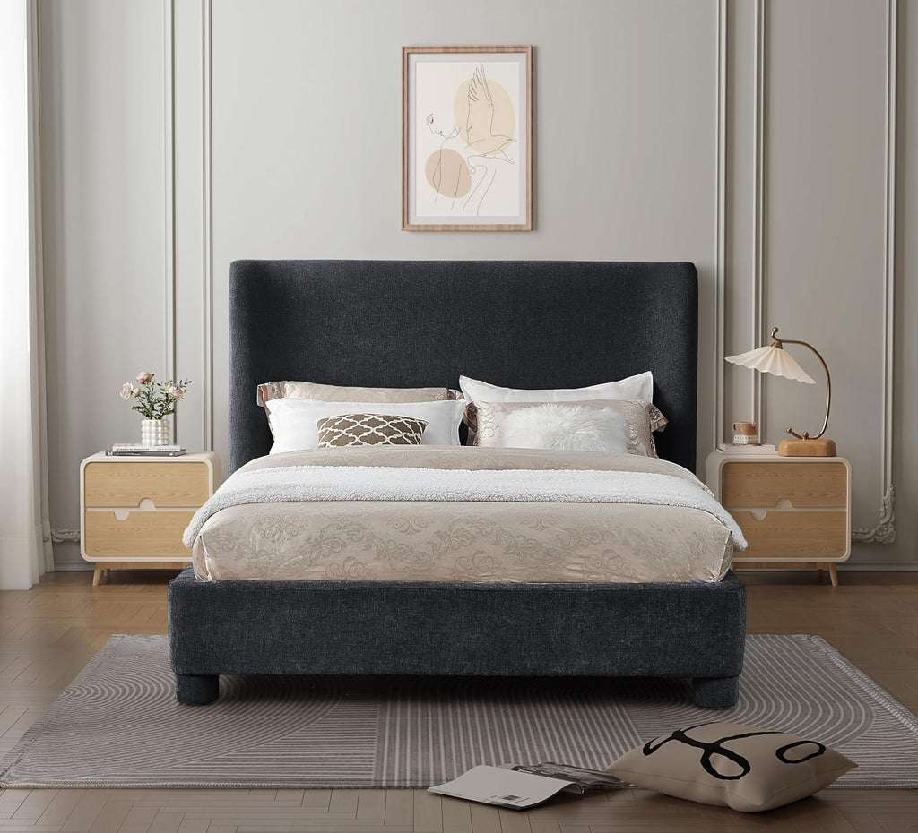 Meridian Furniture B1207Black-F Penny Collection Modern | Contemporary Full Bed with Rich Black Chenille Fabric, Curved Headboard, 67.5' W x 82.5' D x 52' H, Black, Full