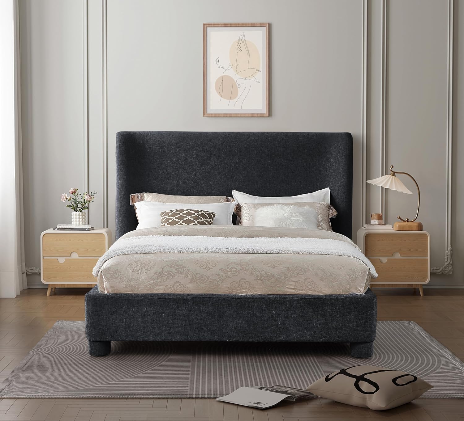 Meridian Furniture B1207Black-K Penny Collection Modern | Contemporary King Bed with Rich Black Chenille Fabric, Curved Headboard, 87' W x 88' D x 52' H, Black, King