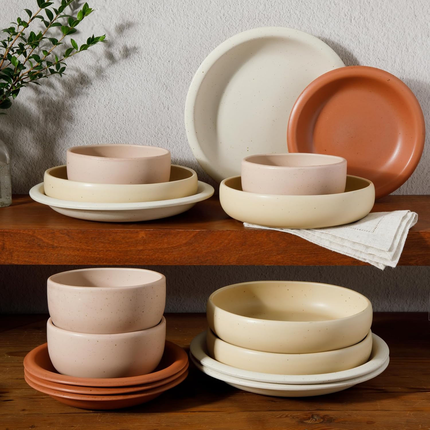 Bloomhouse - Two Time Oprah's Favorite Things Winner - Corsica Clay 16 Piece Stoneware Rustic Reactive Glaze Dinnerware Set - Stackable Plates and Bowls Set. Service for 4 - Matte Assorted Colors