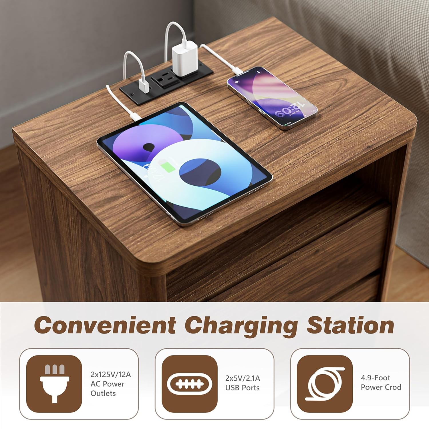 3 Pieces Bedroom Set, 55 Inch Width 7-Drawer Dresser & 2-Drawer Nightstands Set of 2,Nightstand with USB Nightstand with USB&Type C Charging Station&Outlets,Modern Design for Bedroom, Walnut