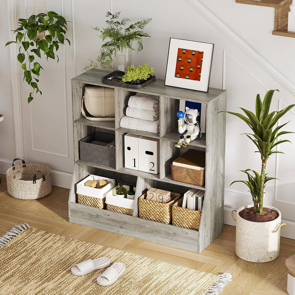 DINZI LVJ Toy Storage Organizer, Kids Bookshelf, Wood Toy Storage Cabinet, 3-Tier 8 Cubby Children Bookcase, 39.4' L Toddler Book Shelf for Playroom, Living Room, Nursery, Classroom, Gray Wash