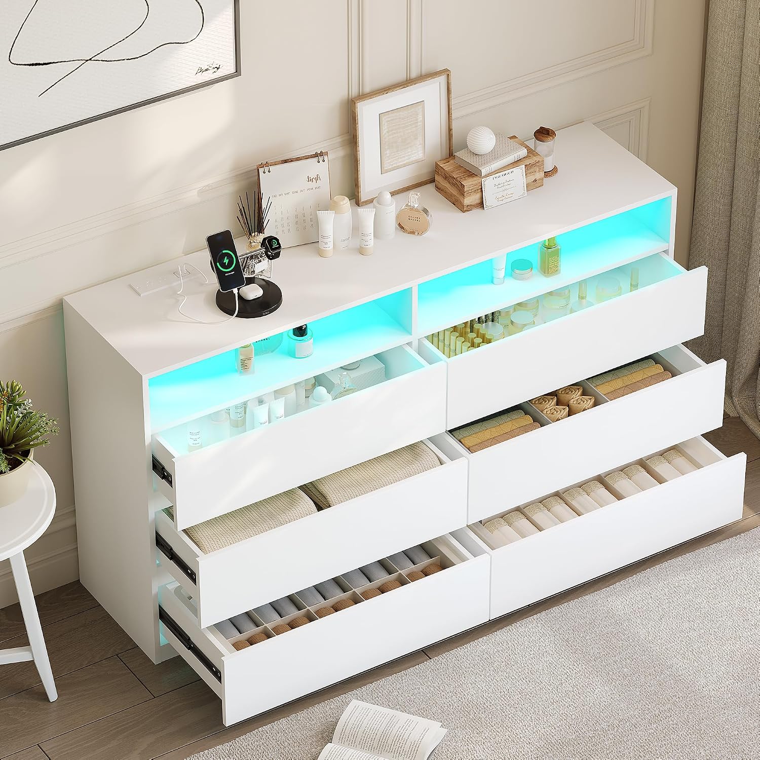 White Dresser, 6 Drawer Dresser for Bedroom with LED Lights, Power Outlet, Modern Wood Chest of Drawers for Closet, Double Wide Drawer Organizer Cabinet for Bedroom, Living Room, Entryway, Hallway