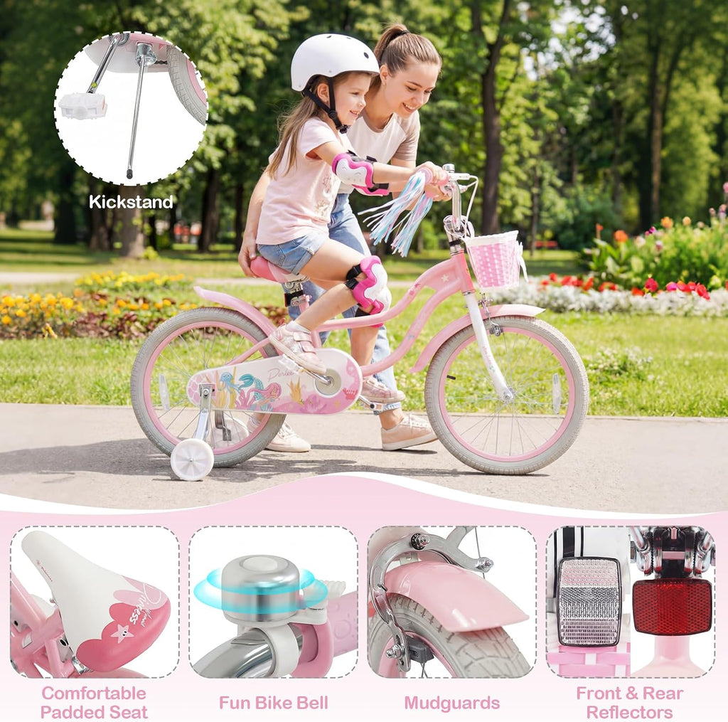 HONEY JOY Kids Bike, 12 14 16 18 Inch Girls Bike w/Training Wheels, Streamers, Basket, Handbrake & Coaster Brake, Fully Enclosed Chain, Mermaid Princess Children Bike for 3-8 Years Old