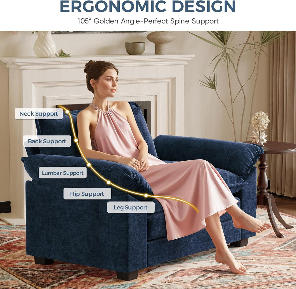 HUSFU 49.5'' W Oversized Accent Chair, Chenille Cloud Sofa Chair with Deep Seat and Extra Wide Armrests, Comfy Reading Armchair for Bedroom, Living Room, Set of 2, Blue