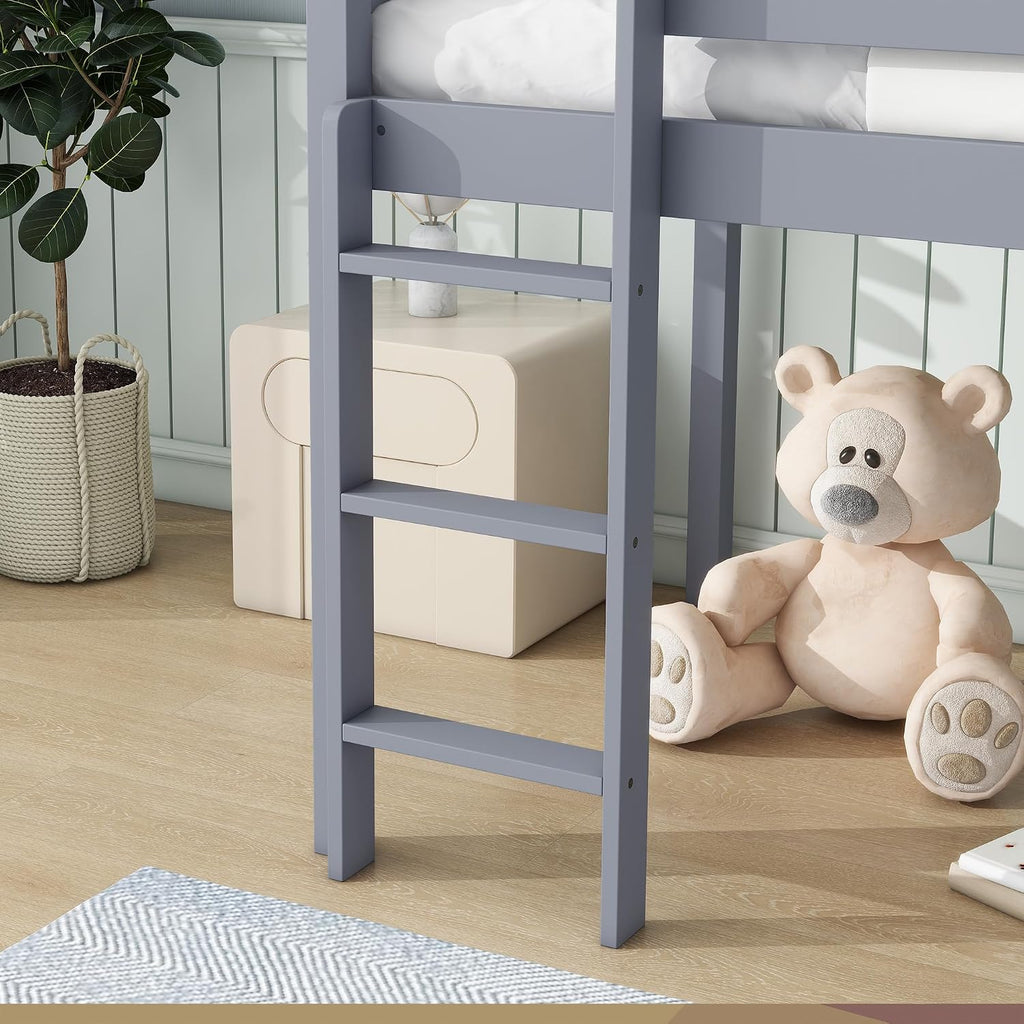 JIVOIT Twin Size Low Loft Bed with Slide and Ladder, Rubber Wood Twin Loft Bed with Wood Slats Support, No Box Spring Needed (Grey/407)