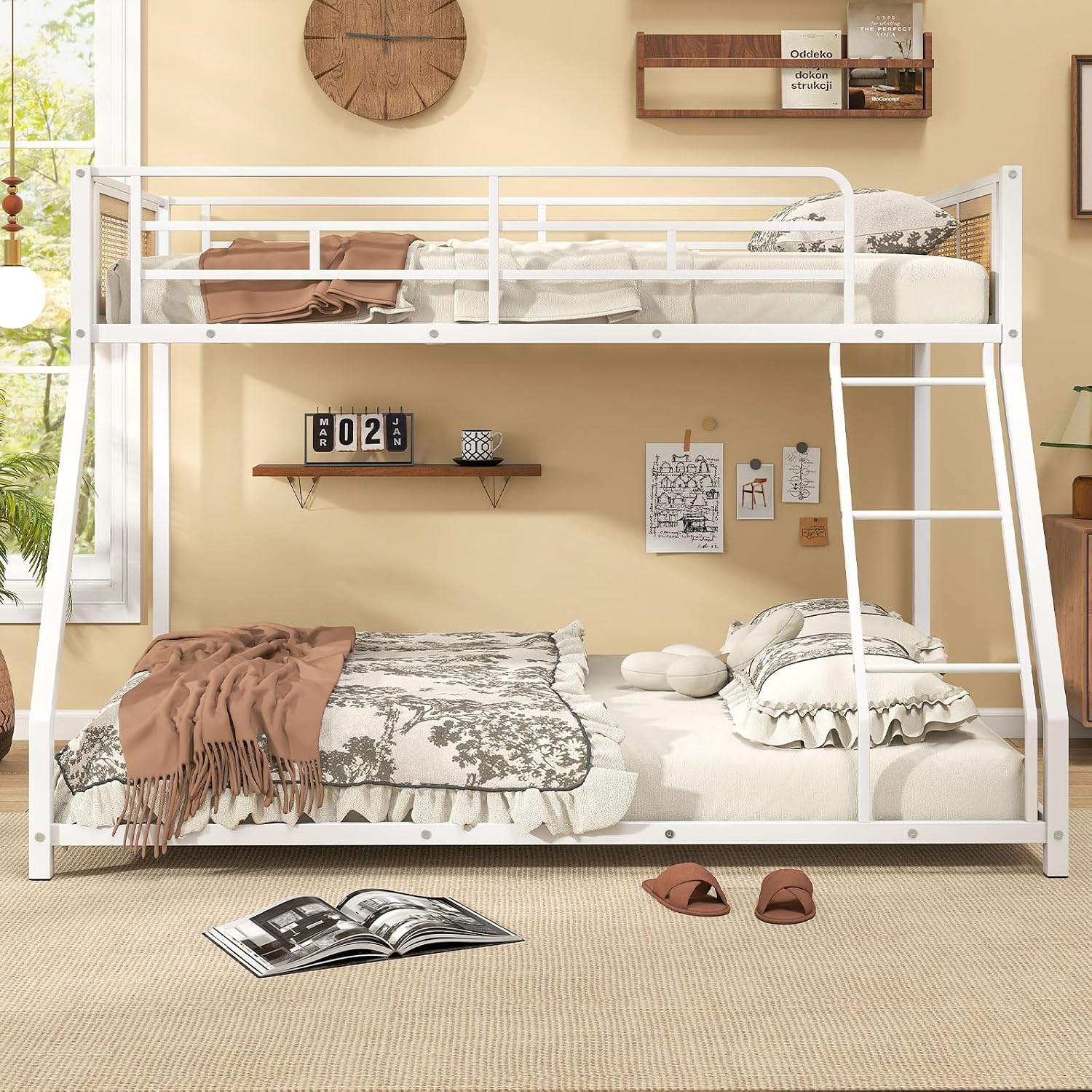 Giantex Twin Over Full Metal Bunk Bed, Boho Rattan Floor Bunkbeds with Ladder & Full-length Guardrails, Heavy Duty Metal Slats Support Bed Frame for Teens, Adults, Guests, No Box Spring Needed (White)