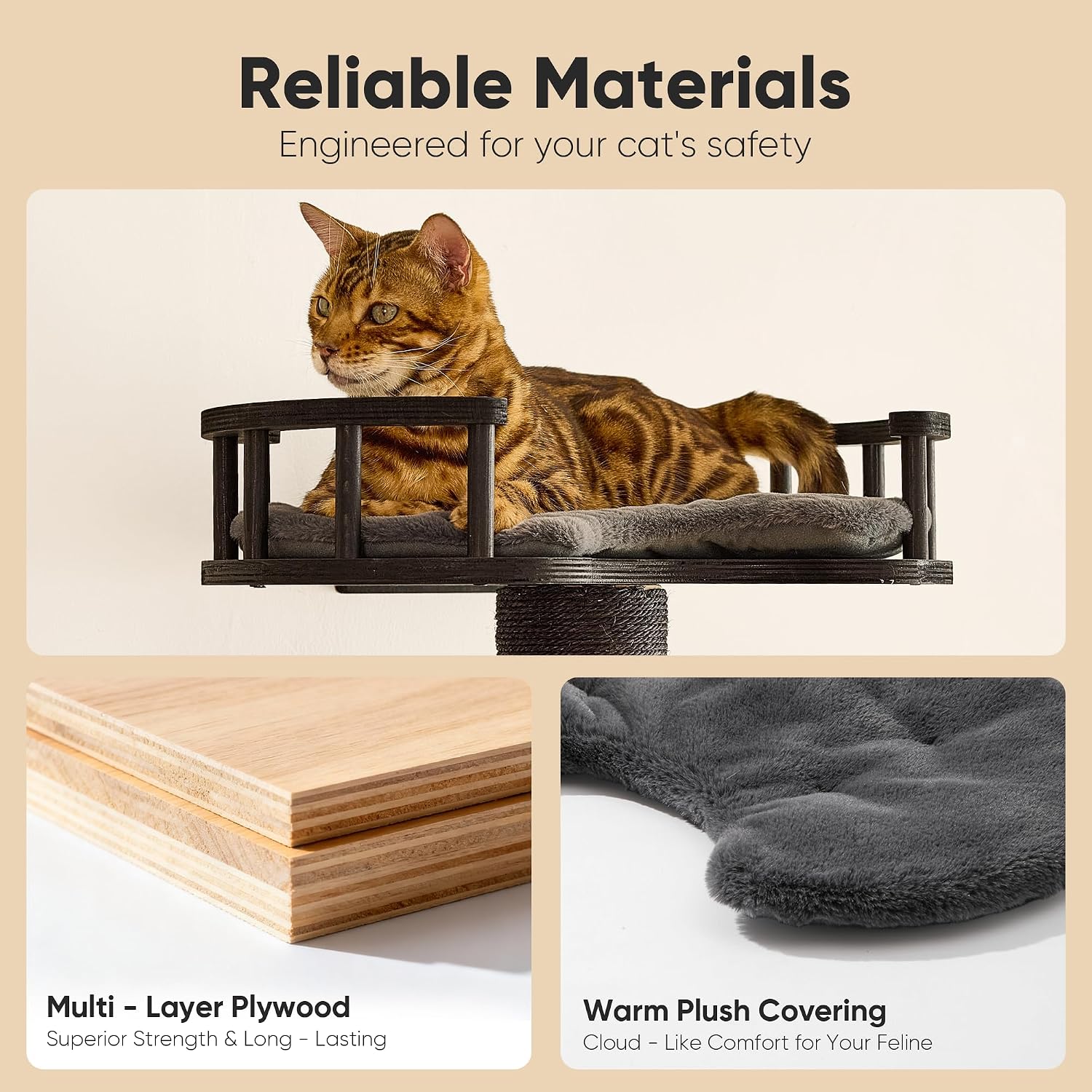 FUKUMARU Cat Wall Shelves, 4 in 1 Stable Wooden Wall-Mounted Furniture Set, Climbing Tree with Hammock, Bed, Perch and Scratching Mat (Black)