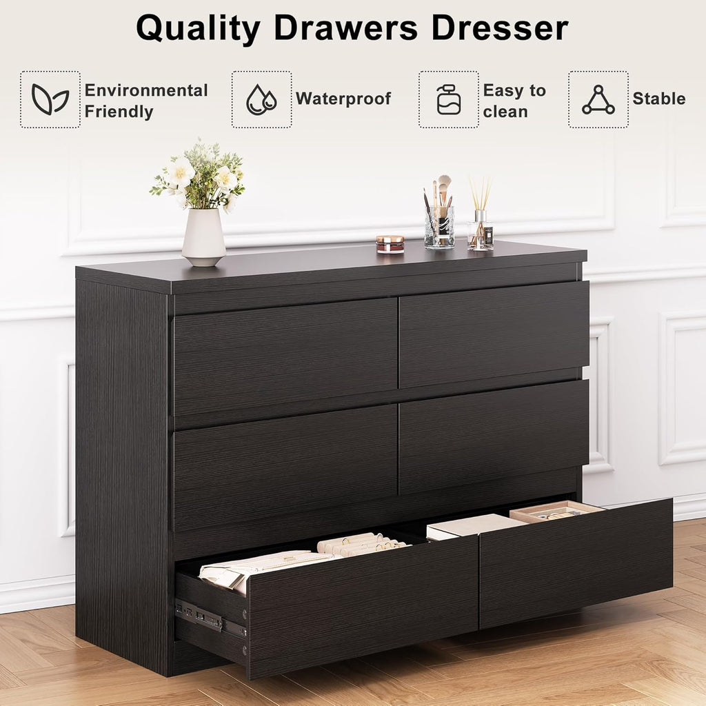 Jocoevol Modern 6 Drawer Dresser Black Dresser for Bedroom, Simply Chest of Drawers, Wood Storage Dresser with Deep Drawers for Living Room Hallway Entryway, Black