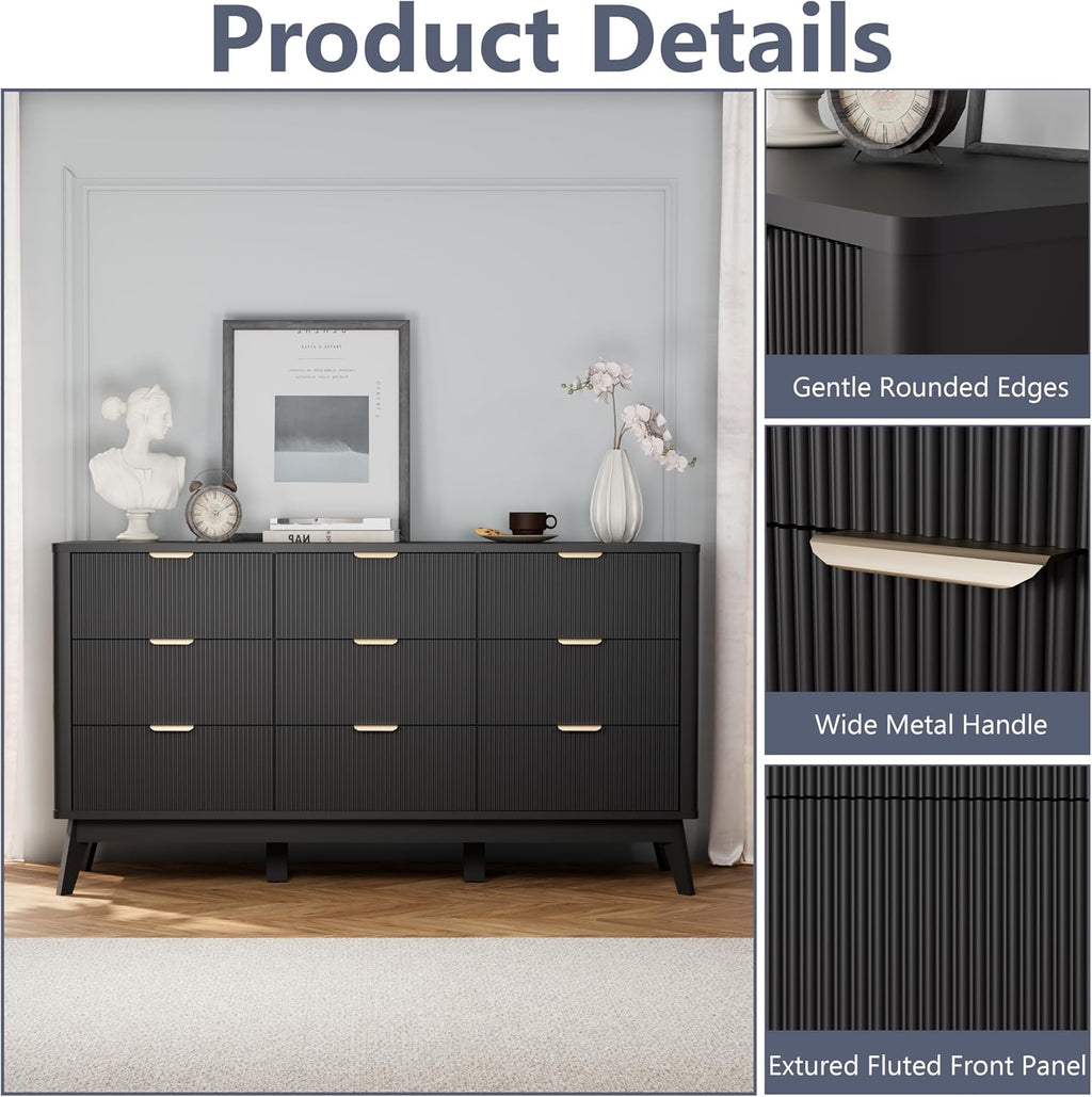 Royal Windsor Fluted 9 Drawers Dresser for Bedroom,59' Wide Wooden Dresser Chest of Drawers,Curved Profile Design,Storage Organizer for Living Room,Hallway,Black