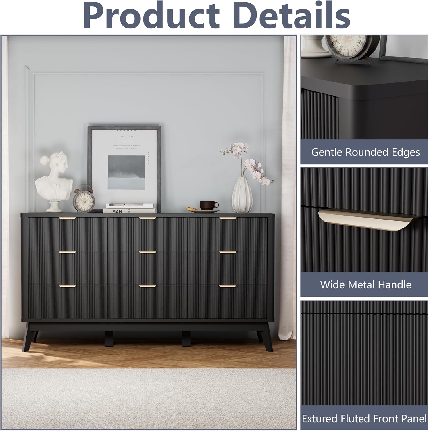 Royal Windsor Fluted 9 Drawers Dresser for Bedroom,59' Wide Wooden Dresser Chest of Drawers,Curved Profile Design,Storage Organizer for Living Room,Hallway,Black