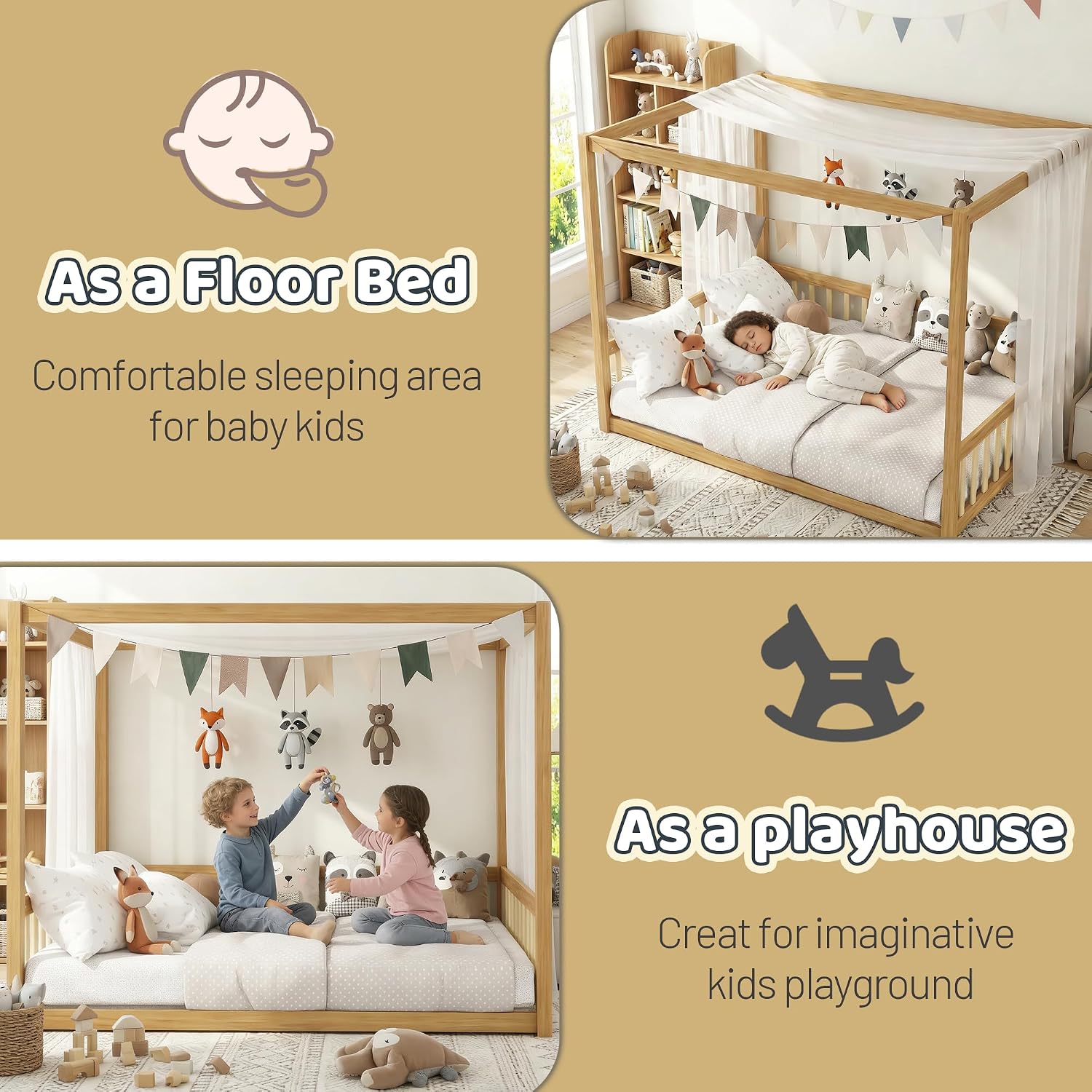 Canopy Bed Frame Full with 4 Posters and Guardrails, Rubber Wood Full Size Montessori Floor Bed with Canopy Frame, Safe and Stylish Canopy Bed Full for Kids Girls Boys,Natural