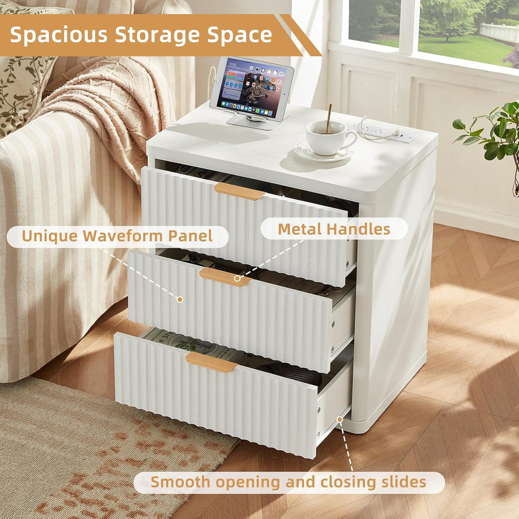 LEYAOYAO 23' Wide Fluted Night Stand with Charging Station,3 Drawers Large End Table with Storage,White Nightstand Wood Bedside Tables, Farmhouse Cabinet Dresser for Bedroom,Closet