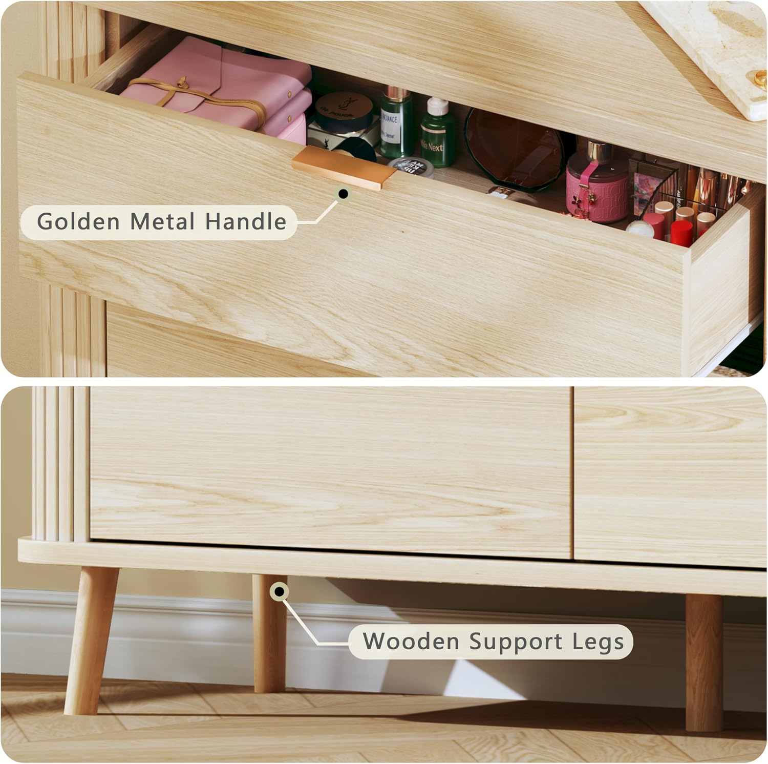 6 Drawer Dresser for Bedroom, Mid Century Modern Dresser with Curved Profile & Fluted Design, Wide Wood Chests of Drawers Storage for Bedroom, Entryway, Hallway, Oak