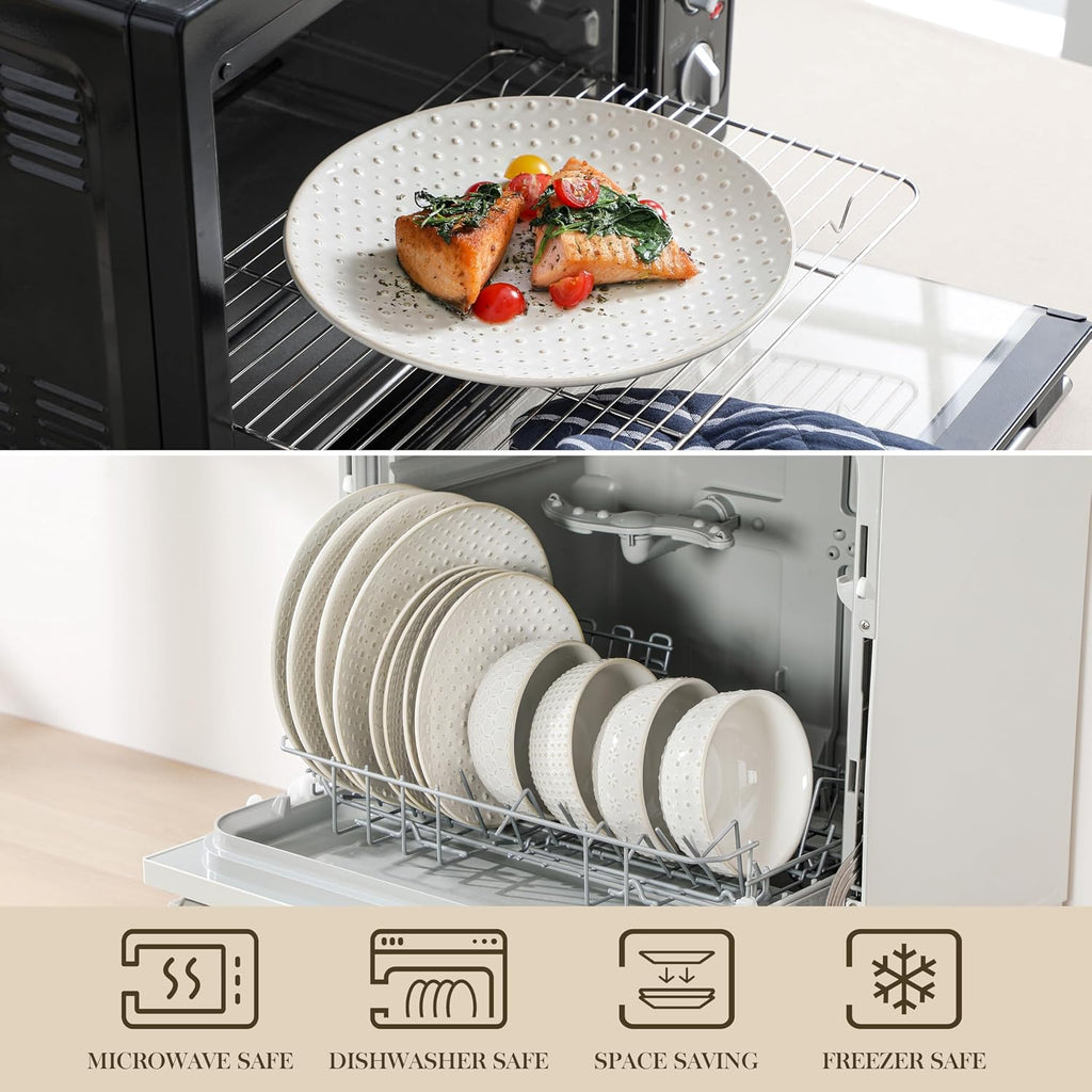 MALACASA 12 Pieces Dinnerware Sets, Modern Relief Design Plates and Bowls Sets, White Dish Set for 4, Kitchen Ceramic Dinner Plates Dishware Set, Microwave and Dishwasher Safe, Series LYDIA