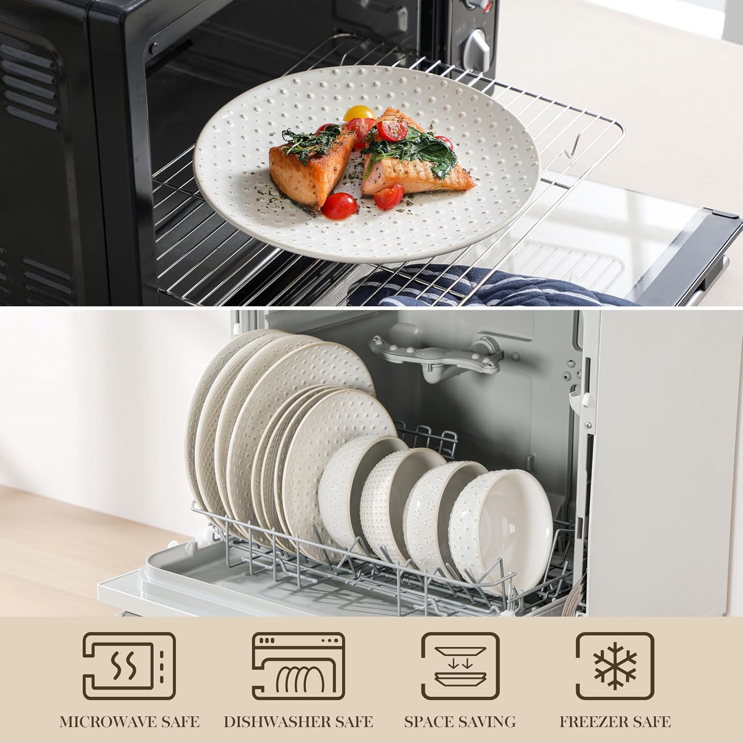 MALACASA 12 Pieces Dinnerware Sets, Modern Relief Design Plates and Bowls Sets, White Dish Set for 4, Kitchen Ceramic Dinner Plates Dishware Set, Microwave and Dishwasher Safe, Series LYDIA