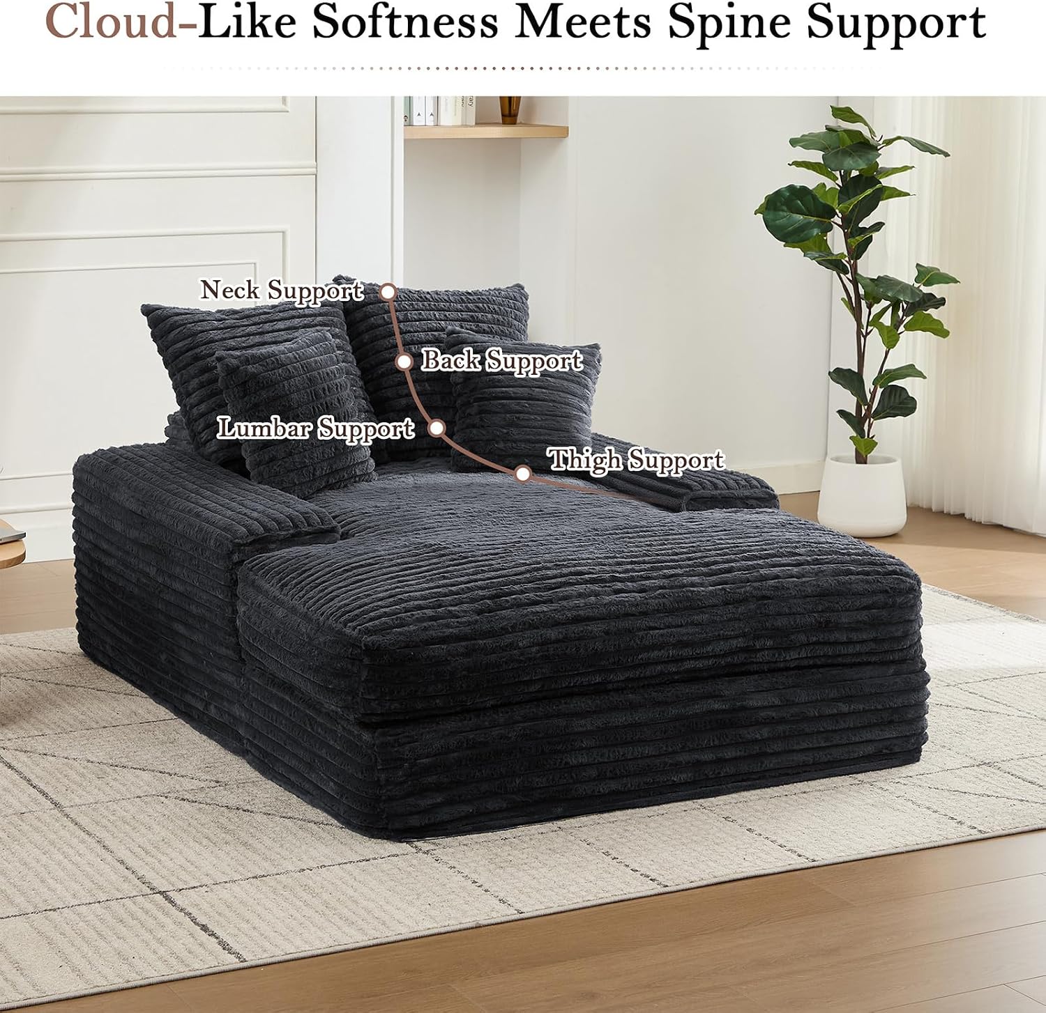 Oversized Chaise Lounge Chair Indoor, 62.6' Cloud Boneless Sleeper Couch Corduroy Upholstered Sofa Bed Deep Seat Comfy Reading Chair with 3 Pillows for Living Room Bedroom, Crey