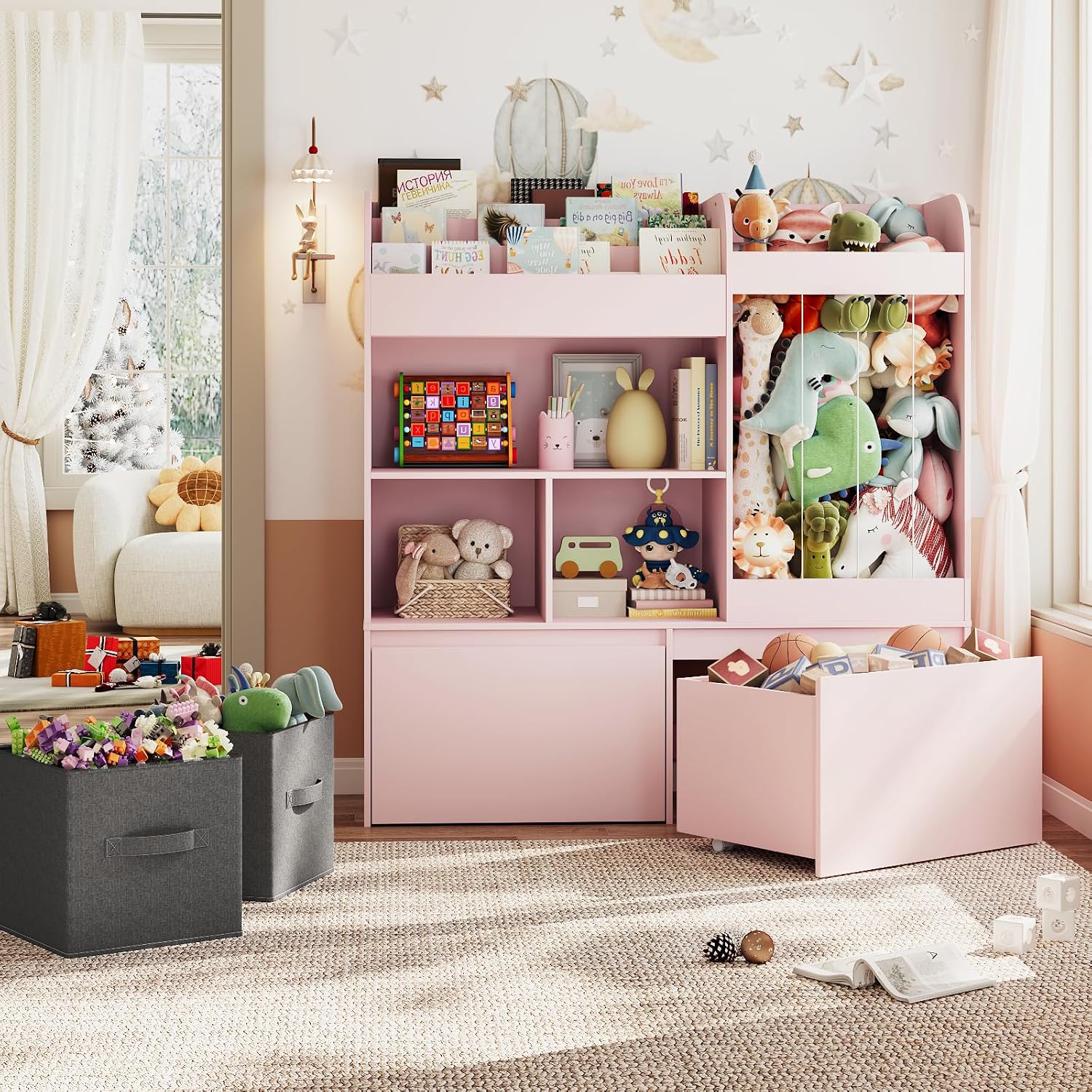42.9'' Stuffed Animal Storage with Kids Bookshelf, Large Toy Storage with Toy Chest and Play Mat, Wooden Organization with 2 Movable Drawers, 3 Tier Bookshelf for Nursery Kids Room Playroom,Pink