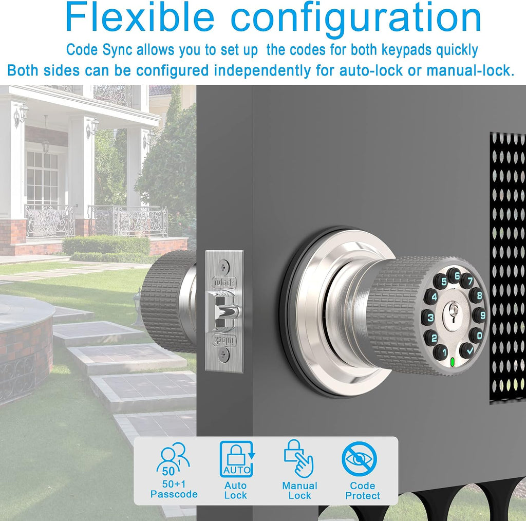 Double Sided Keypad Door Knob with Dual Cylinders and Key Alike, iuknob Keyless Entry Smart Door Lock for Entrance, Fence, Gate, Swimming Pool,Waterproof and Weatherproof for Outdoor & Interior Door.