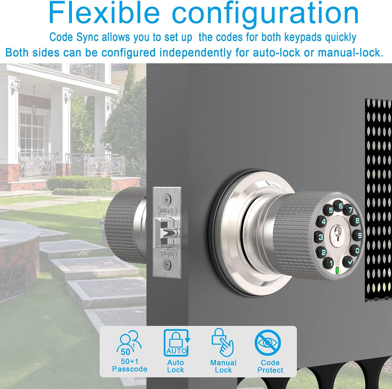 Double Sided Keypad Door Knob with Dual Cylinders and Key Alike, iuknob Keyless Entry Smart Door Lock for Entrance, Fence, Gate, Swimming Pool,Waterproof and Weatherproof for Outdoor & Interior Door.
