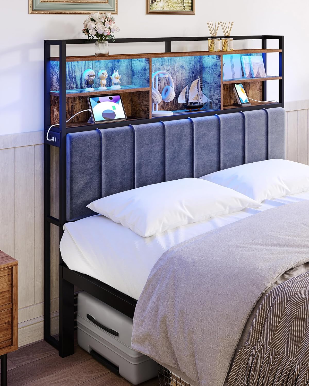 Hzuaneri Headboard with 3-Tier Storage Shelves, Velvet Upholstered Head Board with 2 Outlets, USB Ports & LED Light, Soft Backrest for Queen Size Bed, Rustic Brown and Black BH15201BV1