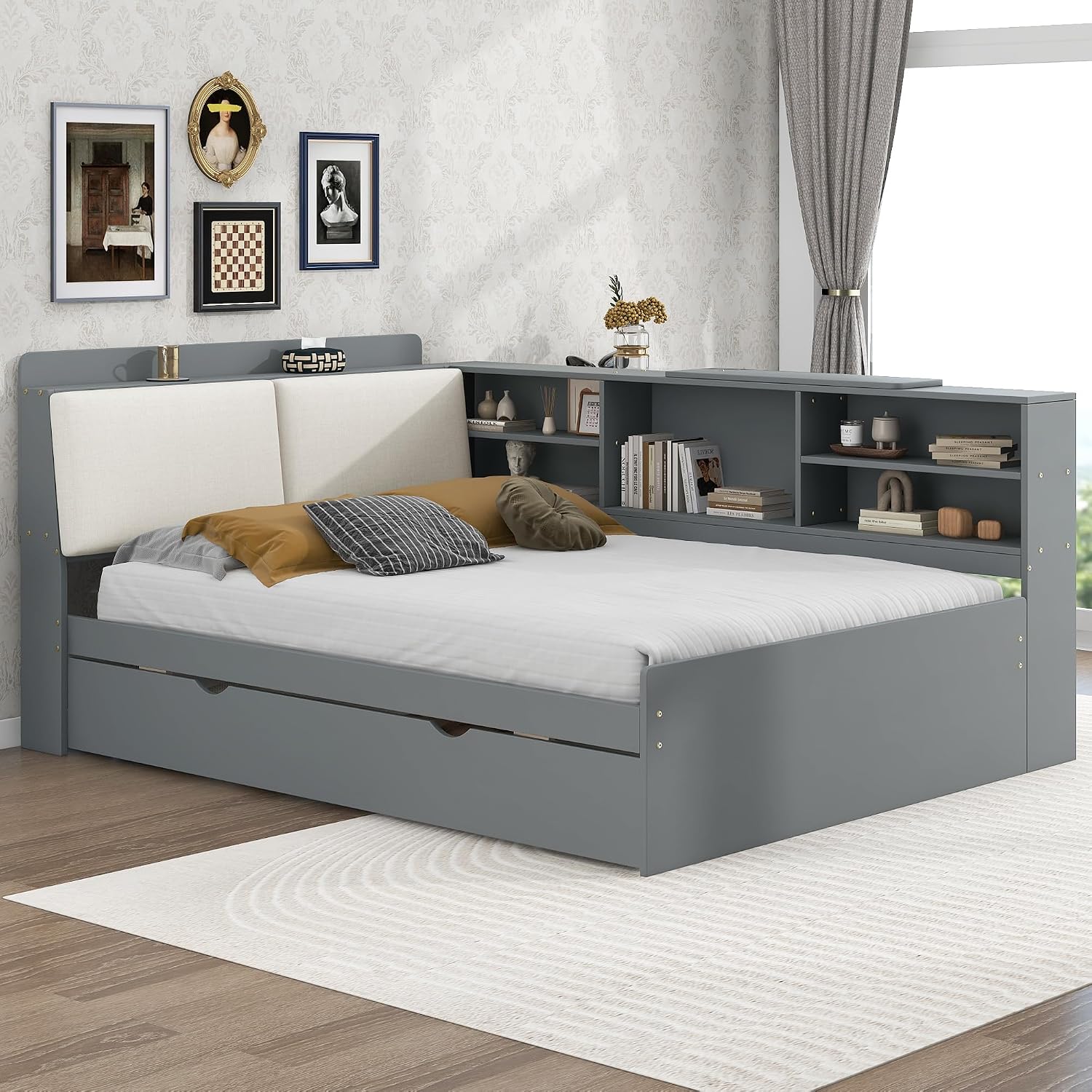 Full Size Corner Bed Frame with Trundle,Solid Wood Platform Bed with Upholstered Headboard, Rotatable Board and Bookcase, Storage Corner Beds Full for Kids Girls Boys(Gray)
