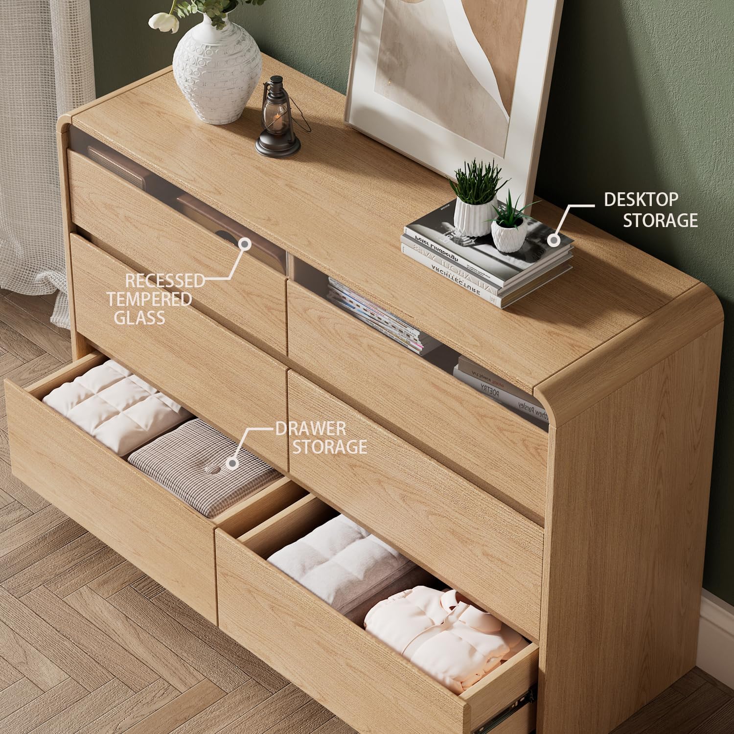 Ieejdn 47.2' Dresser with 6 Drawer, Wide Dresser with Recessed Glass Display & Silent Metal Rails, Handleless Chest of Drawers for Clothes, and Bedding, Oak