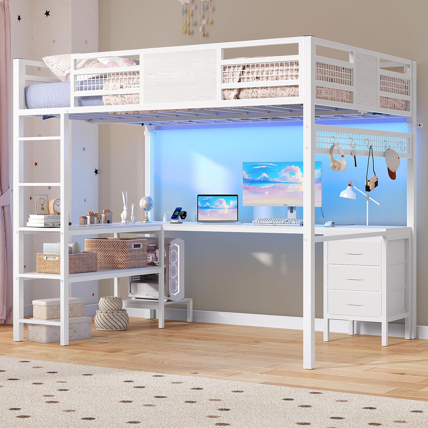 ADORNEVE Loft Bed Full Size with L-Shaped Desk, 3 Storage Drawers, Power Outlet, 3 Storage Shelves, Metal Loft Bed Frame with RGB Lights, Bed with Safety Guardrail & Ladders,Space-Saving, White