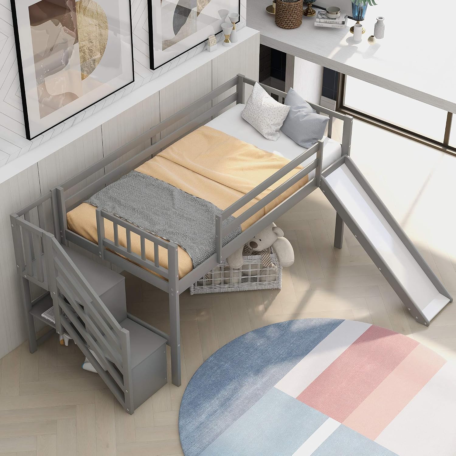 Twin Low Loft Bed with Adjustable Slide/Staircase/Storage Shelves for Kid/Boy/Girl/Teens, Full-Length Guardrails, Solid Wood, Space-Saving (Gray+Low Loft Bed)