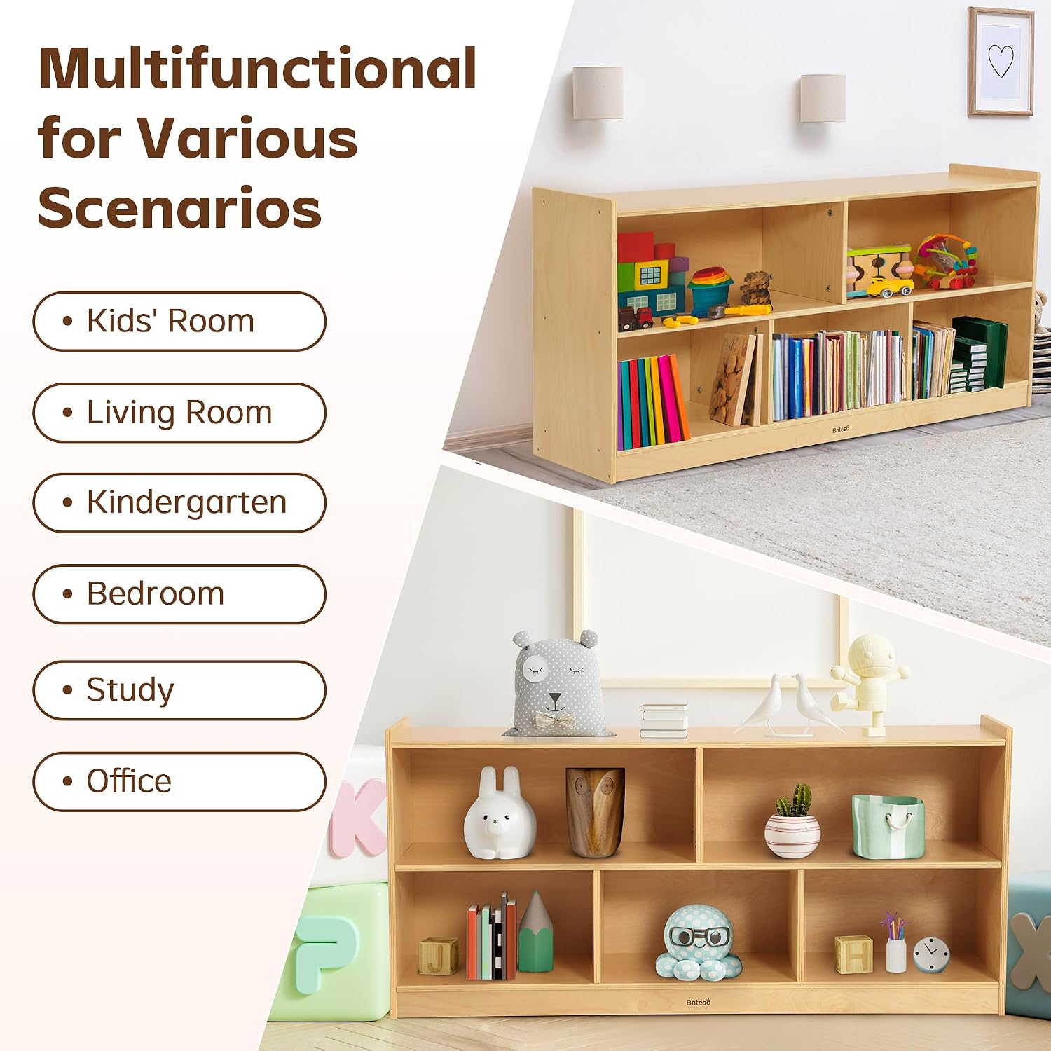 Bateso Toy Storage Organizer for Kids Room, Wooden Kids Bookshelf for Classroom, Cube Storage Organizer for Playroom, 5-Section Montessori Bookshelf & Toy Shelf for Nursery