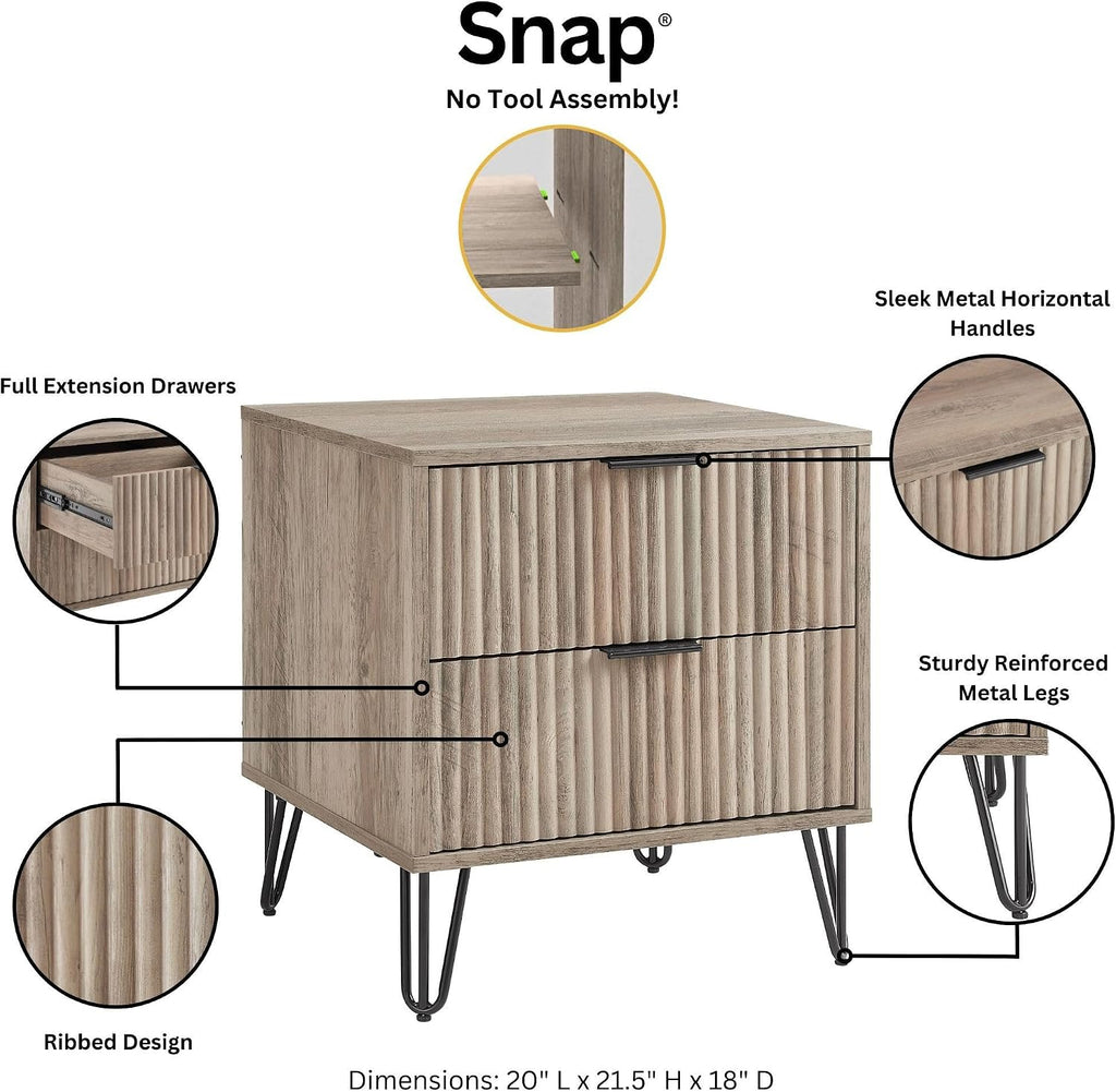 Manhattan Comfort Dumbo 2 Piece Dresser & Nightstand Set, Fluted Night Stand with Hairpin Gold Metal Legs & 3-Drawer Dresser, No Tool Assembly, Storage Cabinet for Bedroom, Living Room in Rustic Grey