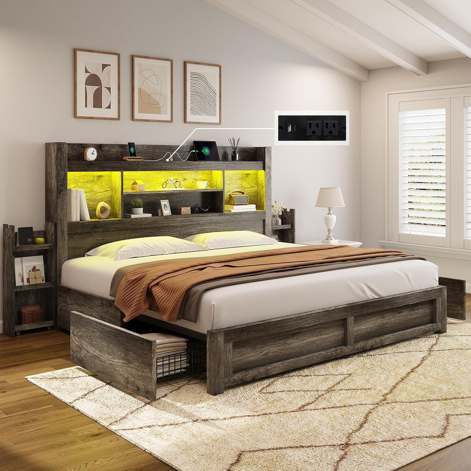 AMERLIFE King Size Bed Frame with 4 Storage Drawers, LED Bed Frame with 49' Tall Bookcase Headboard, Wood Platform Bed with Charging Station & 2 Slide Bedside Shelf, No Box Spring Needed/Rustic Grey