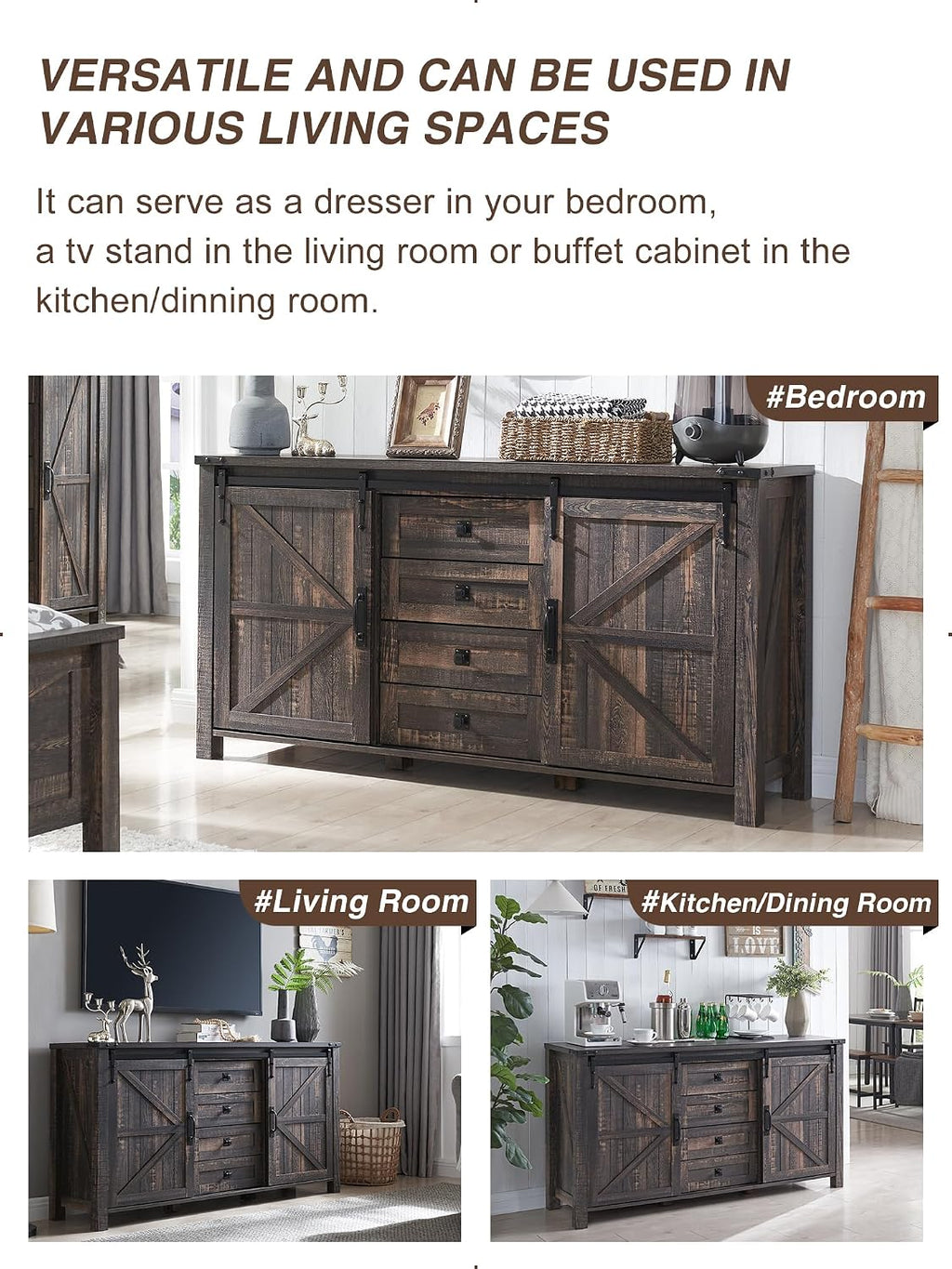 T4TREAM 60'' Farmhouse Dresser Chests for Bedroom w/4 Drawers & Sliding Barn Doors, Wide TV Stand, Tall Chest of Drawers, Rustic Dresser Organizer for Bedroom, Living Room, Dark Rustic Oak