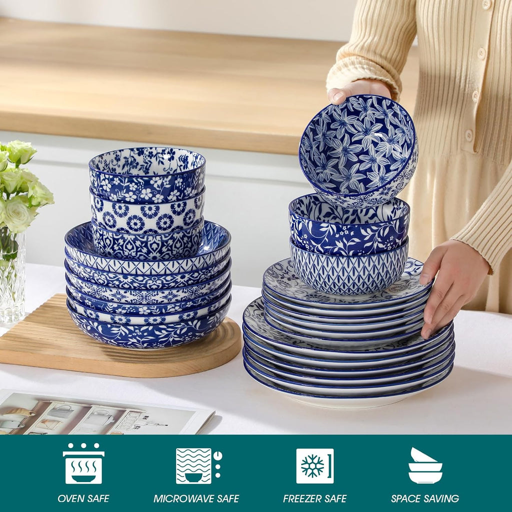 vancasso SELENE Plates and Bowls Set for 6, 24 Pieces Dinnerware Sets, Mircowave and Dishwasher Safe Dishes Set, Porcelain Blue Dinnerware