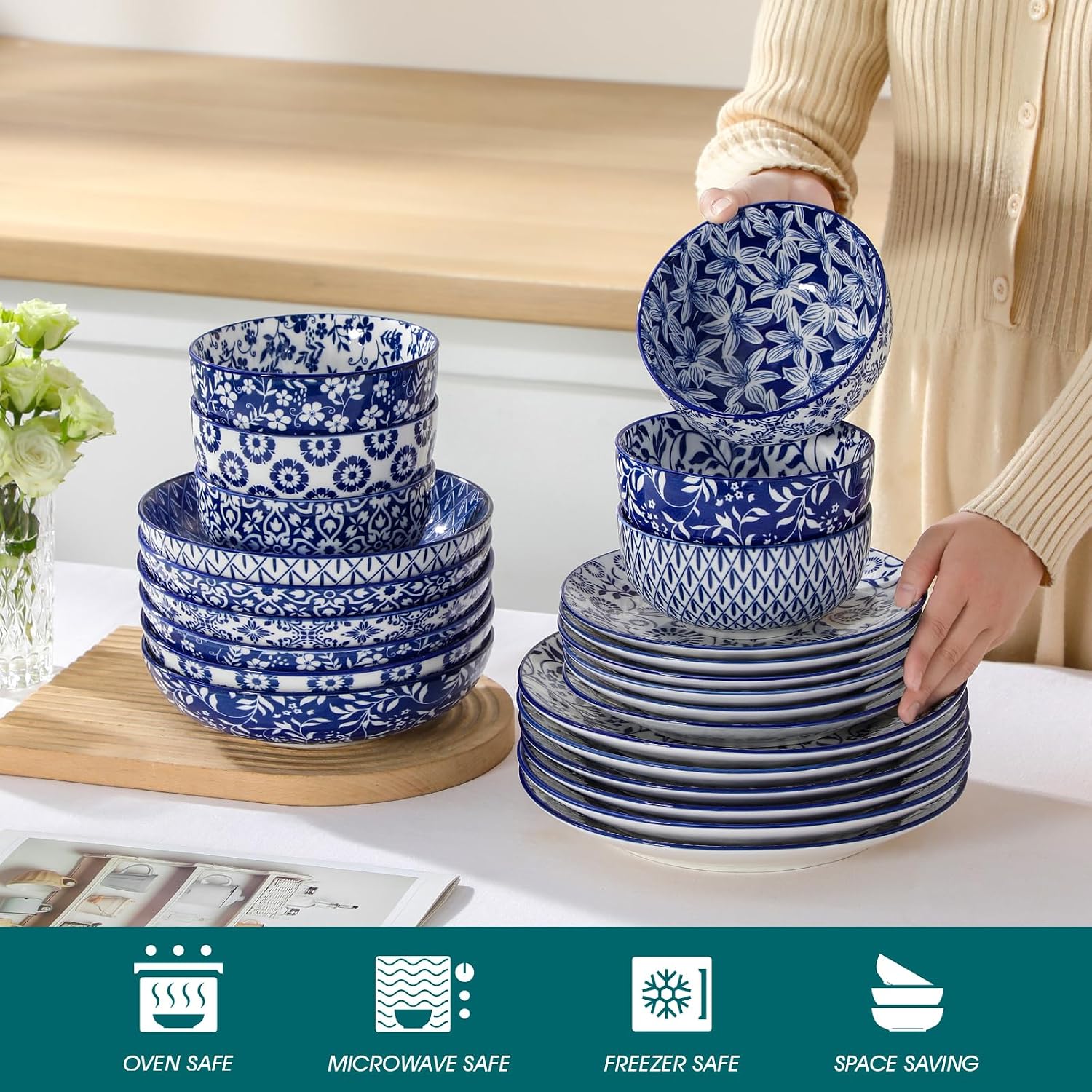 vancasso SELENE Plates and Bowls Set for 6, 24 Pieces Dinnerware Sets, Mircowave and Dishwasher Safe Dishes Set, Porcelain Blue Dinnerware