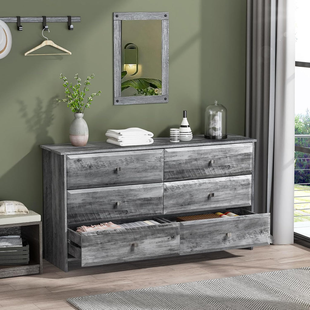 VINGLI Washed Gray Dresser 6 Drawer, 53.9' Long Dresser Wood with Textured Drawer Front, Grey Chest Dressers for Bedroom, Storage Cabinet, Chest of Drawers, Living Room,Hallway,Rustic