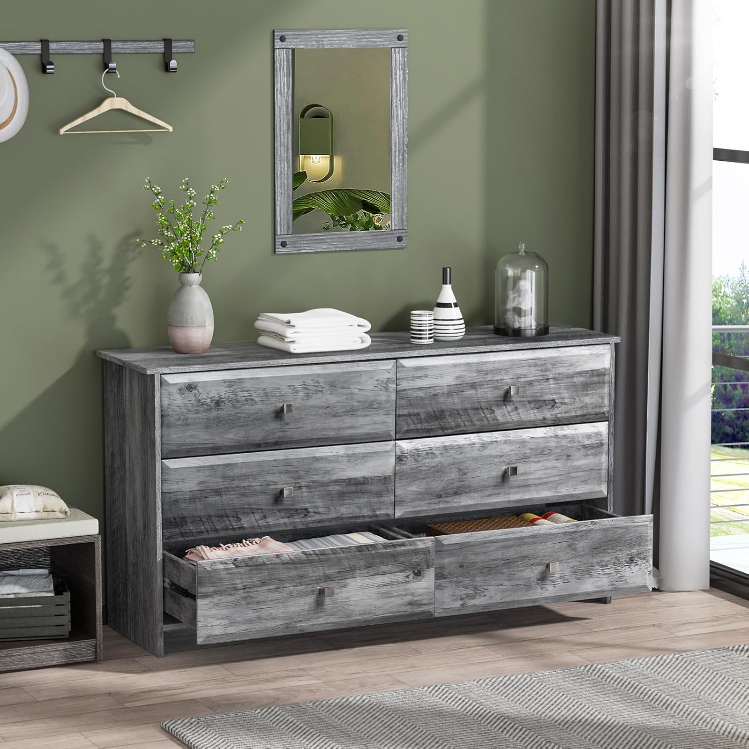 VINGLI Washed Gray Dresser 6 Drawer, 53.9' Long Dresser Wood with Textured Drawer Front, Grey Chest Dressers for Bedroom, Storage Cabinet, Chest of Drawers, Living Room,Hallway,Rustic