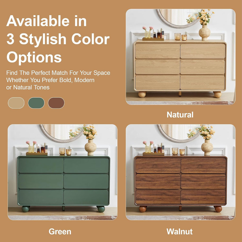 AVZEAR Modern 6 Drawer Dresser for Bedroom, 48' Wide Wooden Dresser Chest of Drawers, Handle Free & Curved Profile Design, Mid Century Closet Clothes Storage Organizer for Living Room, Walnut