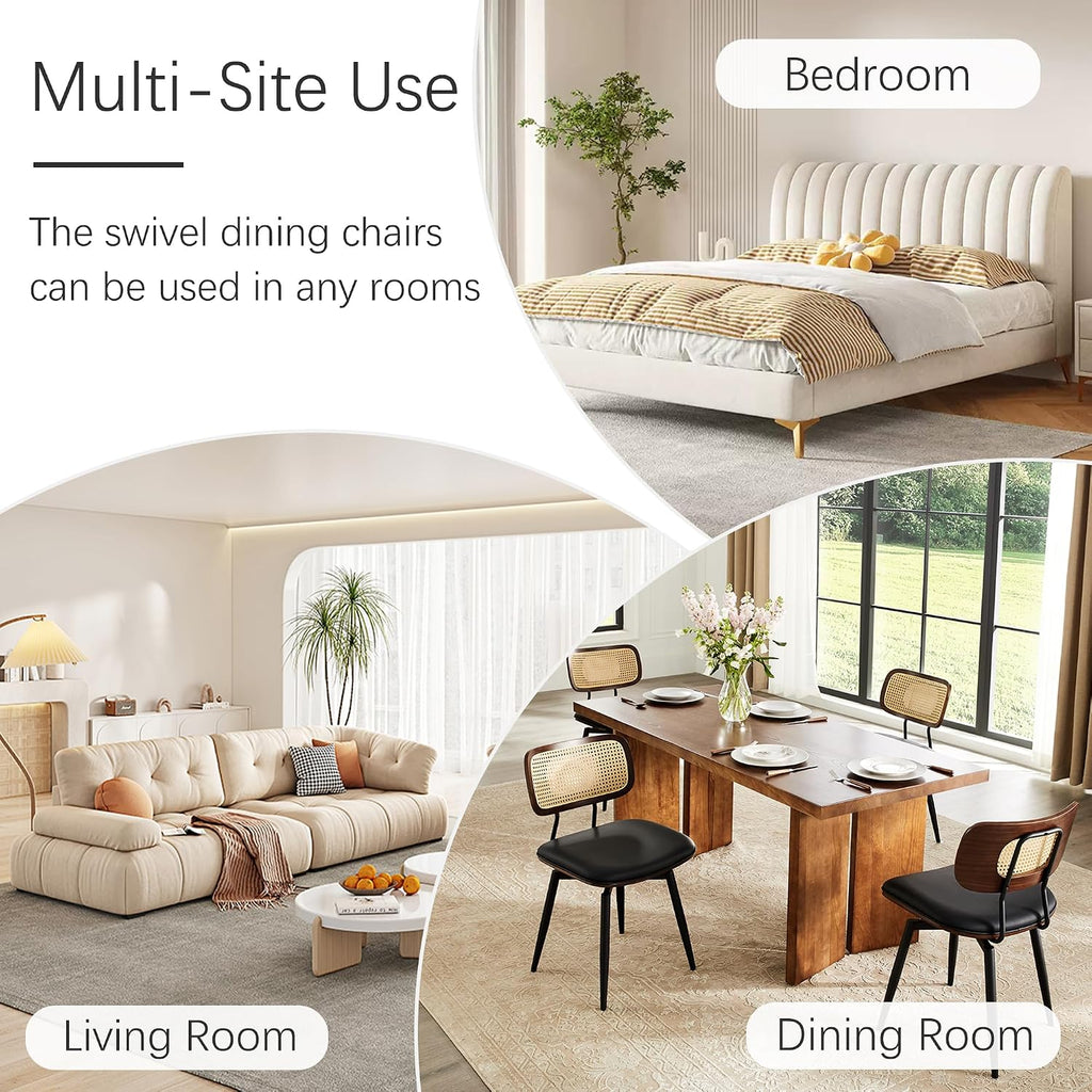 Dining Chairs, Swivel Dining Chairs Set of 4, Faux Leather & Rattan Walnut Dining Room Chairs, Bentwood & Metal Frame Upholstered Chairs with 360°Rotation, Modern Kitchen/Living Room Chair (Black)