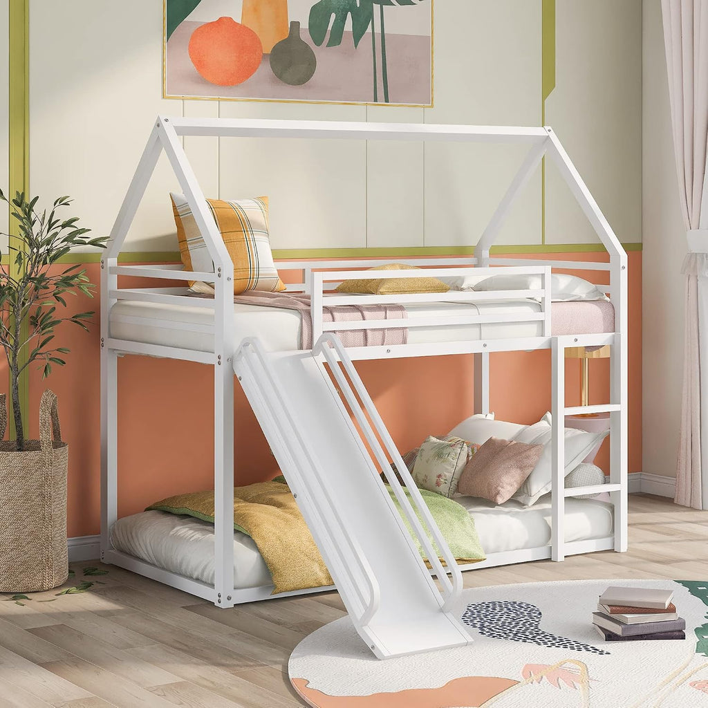 Metal Twin Size House Bed with Roof and Slats Support,Playhouse Design Montessori Floor Bed Frame W/Headboard & Footboard,No Box Spring Needed,for Kids Girls Boys,White