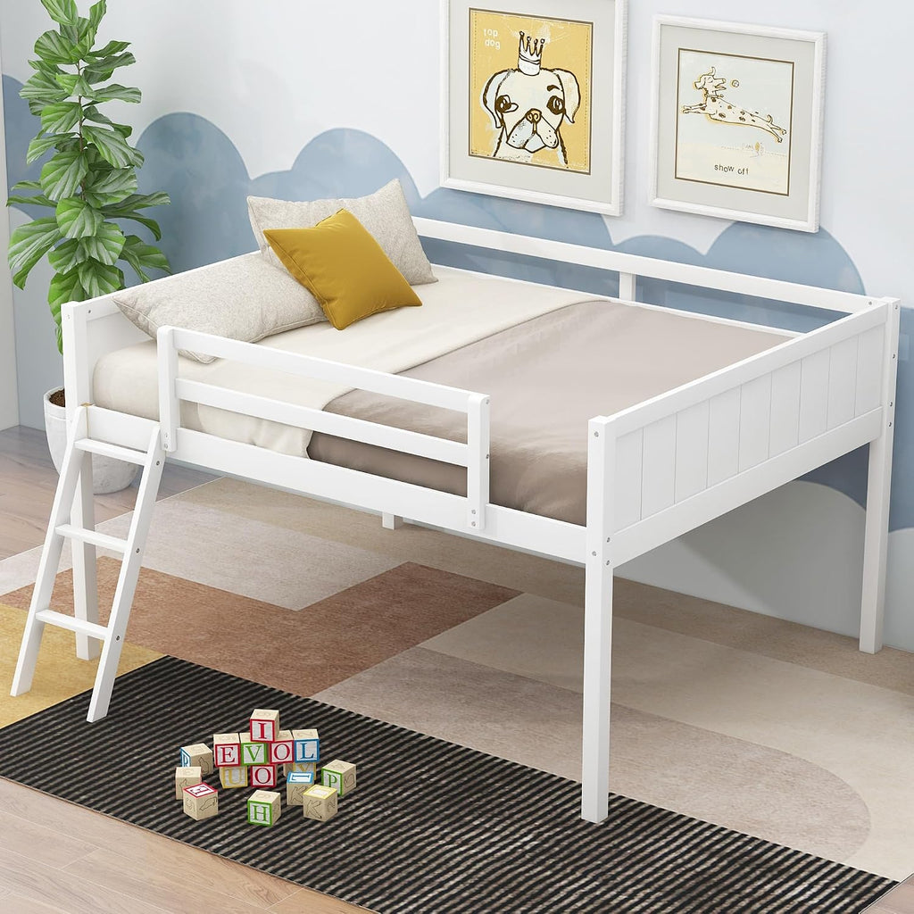 Full Size Loft Bed, Wood Loft Bed with Convertible Ladder, Ladder can be Placed on the Left or Right, Low Loft Bed with Full-Length Guardrails, No Box Spring Required (White,Full & Convertible Ladder)