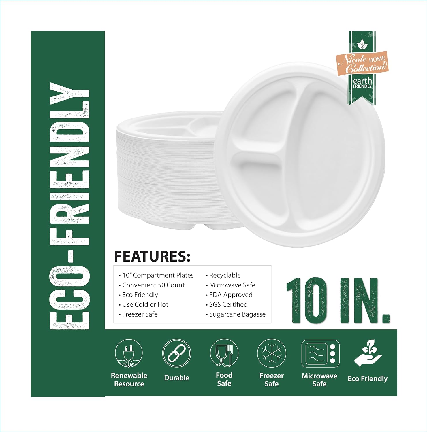 Nicole Home Collection 600 Count Compostable Heavy Duty 10' Disposable Compartment Paper Plates 100% Bagasse Biodegradable Eco-Friendly Natural Sugarcane