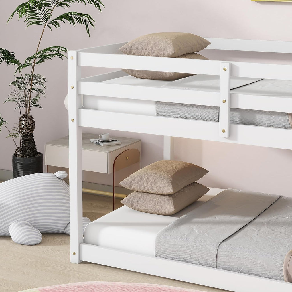 Ball & Cast Twin Over Twin Bunk Bed,Solid Rubber Wooden Low Floor Platform Bed with Ladder and Full Length Guardrail,Slat Support,Bedroom Furniture for Girls Boys,White