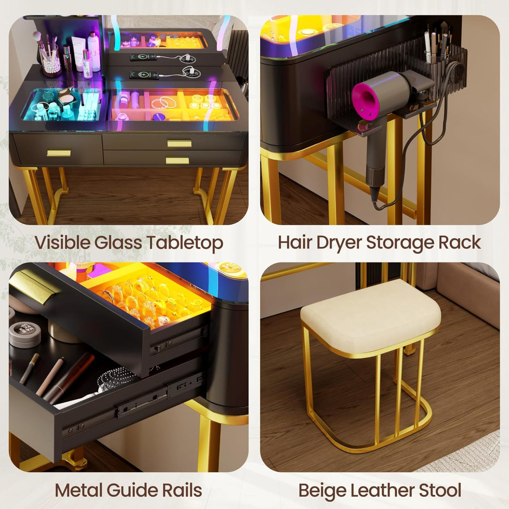 Glass Top Makeup Vanity Desk with LED Mirror & RGB Lights, Modern Vanity Table with 3 Drawers, Charging Station, Hair Dryer Holder, Dimmable Colorful Light Vanity Set for Bedroom,Black