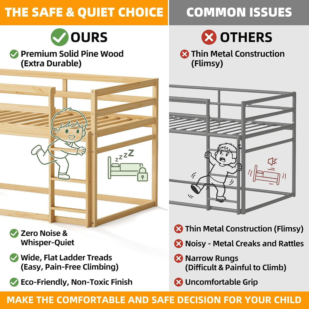 TOLEAD Low Bunk Bed Twin Over Twin, Floor Bunk Bed with Ladder, Twin Bunk Bed with Full Guardrails, Wooden Bunk Bed for Juniors, Boys, Girls, Kids, Bedrooms (Natural)