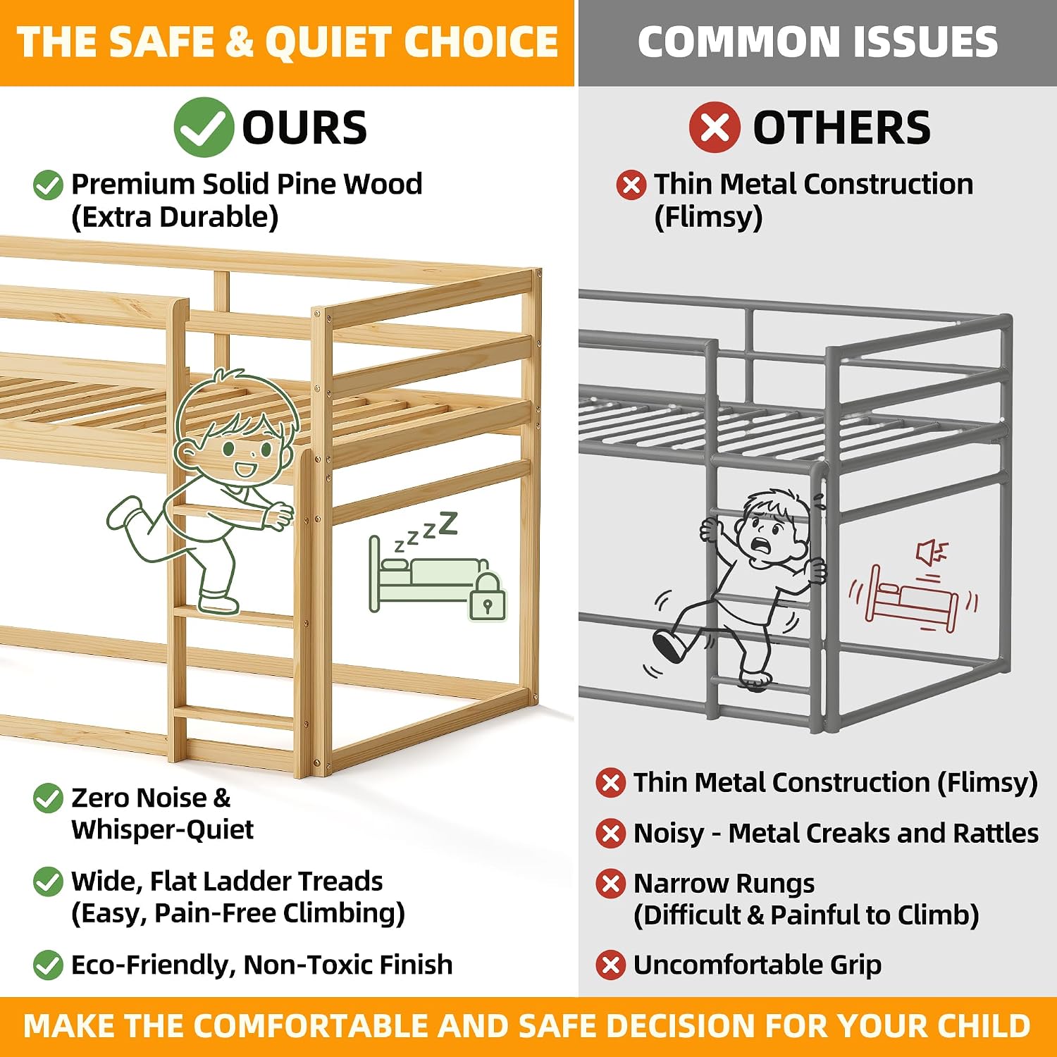 TOLEAD Low Bunk Bed Twin Over Twin, Floor Bunk Bed with Ladder, Twin Bunk Bed with Full Guardrails, Wooden Bunk Bed for Juniors, Boys, Girls, Kids, Bedrooms (Natural)